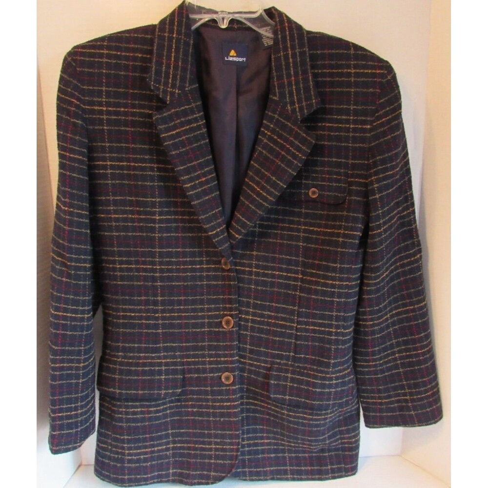 Liz Sport 3 Button Vintage Lined Blazer/Jacket Navy Blue Yellow/Red Plaid Size 6